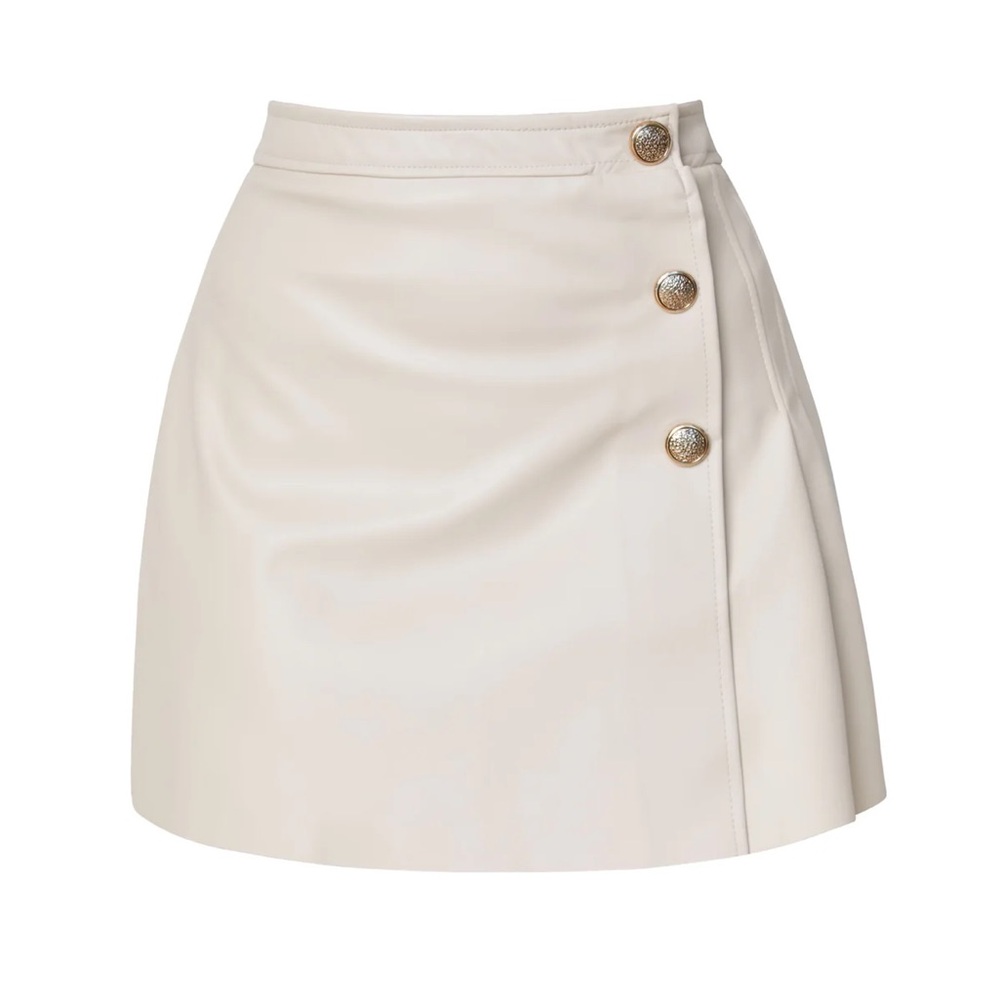 iris Cream Faux Leather A-Line Skirt with Gold Buttons